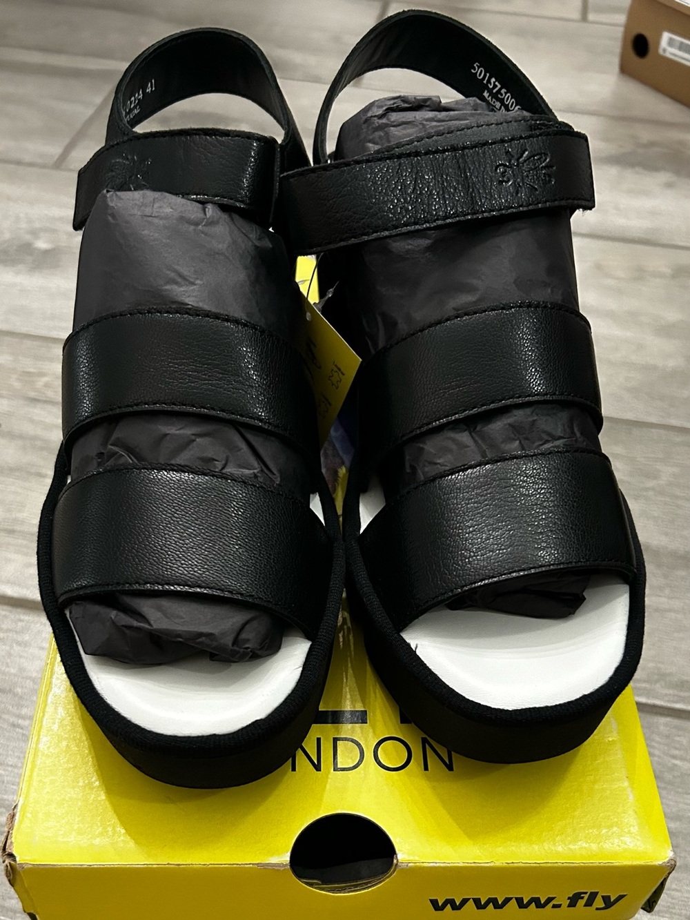 Fly London Black Leather Triple-Strap Slide Sandals